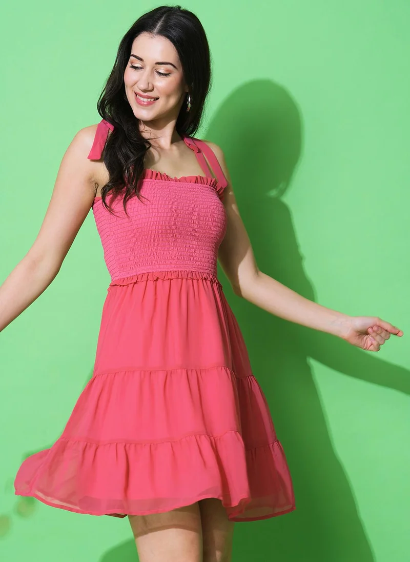 globus Globus Women Georgette Shoulder Straps Smocked Fit & Flare Dress